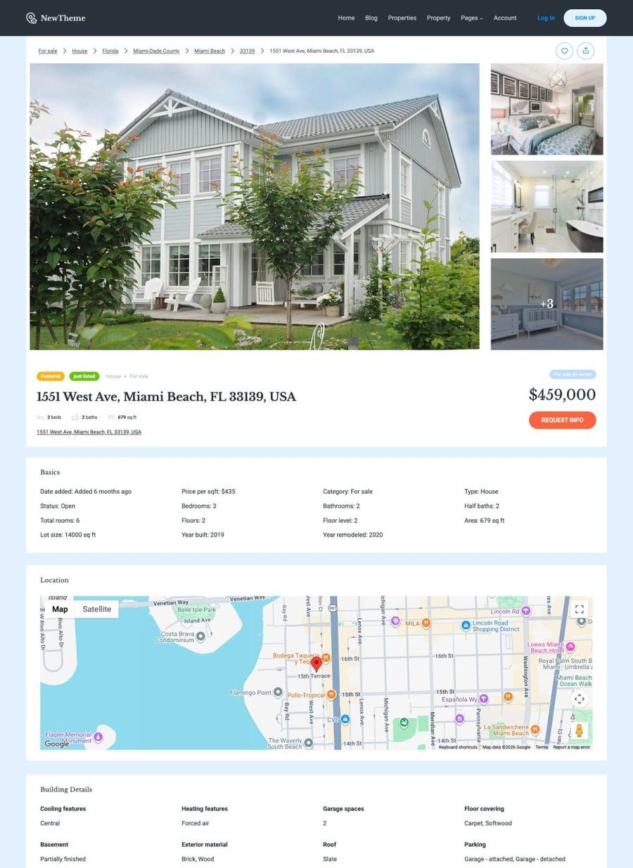 A single listing page: photo gallery, price, details, map and building features